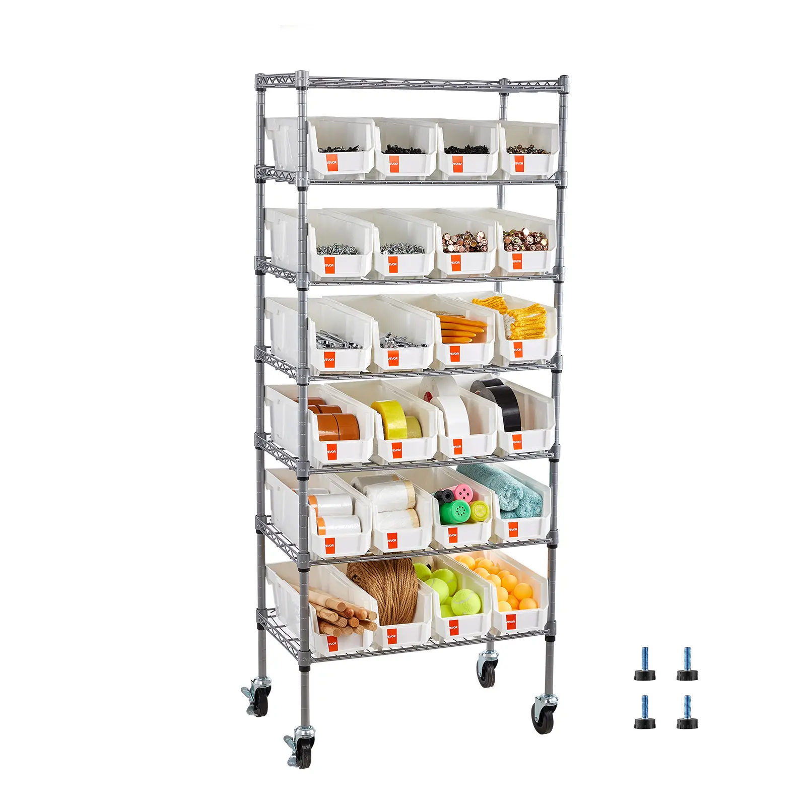 【Summerfinds】VEVOR Durable 7-Tier PP Bin Storage Rack, Steel Wire Shelf System with 4 360° Casters & 24 Small Bins, 115 lb per Tier Corrosion-Resistant Adjustable Mobile Tool Organizer for Garage, Office