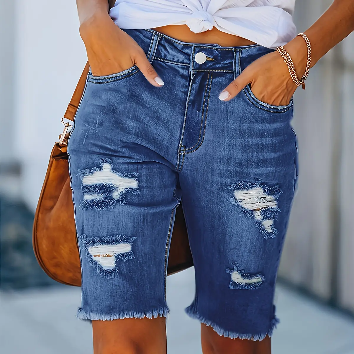 Women's Bermuda Shorts, High-Waist Ripped Skinny Fit, Knee-Length in a Shiny Medium Wash Denim for Evening Wear, Shorts For Women