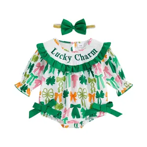 Baby Girls St. Patricks Day Romper Outfits Long Sleeve Round Neck Letter Embroidery Bow Print Jumpsuit with Headband Irish Day Clothes