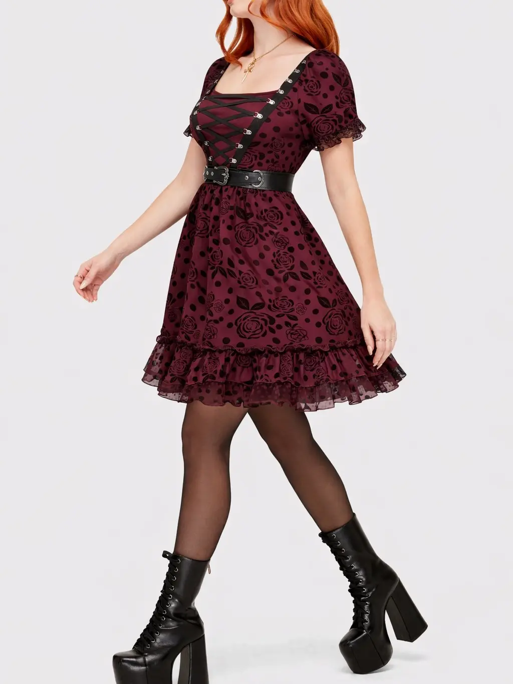 Rgothic Women's Gothic Corset Dress - Elegant Dark Romance Floral Dot Mesh, Ruched Short Sleeves, Buckle Cinch Fit, Cinchable Waist PU Belt, Scoop Neck Peplum, Polyester Lace, Fairy Gothic Vibe for Renaissance Party, Halloween