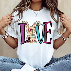 100% pure cotton Love Bunny Floral Print T Shirt White Casual Women Top For Spring And Summer Easter