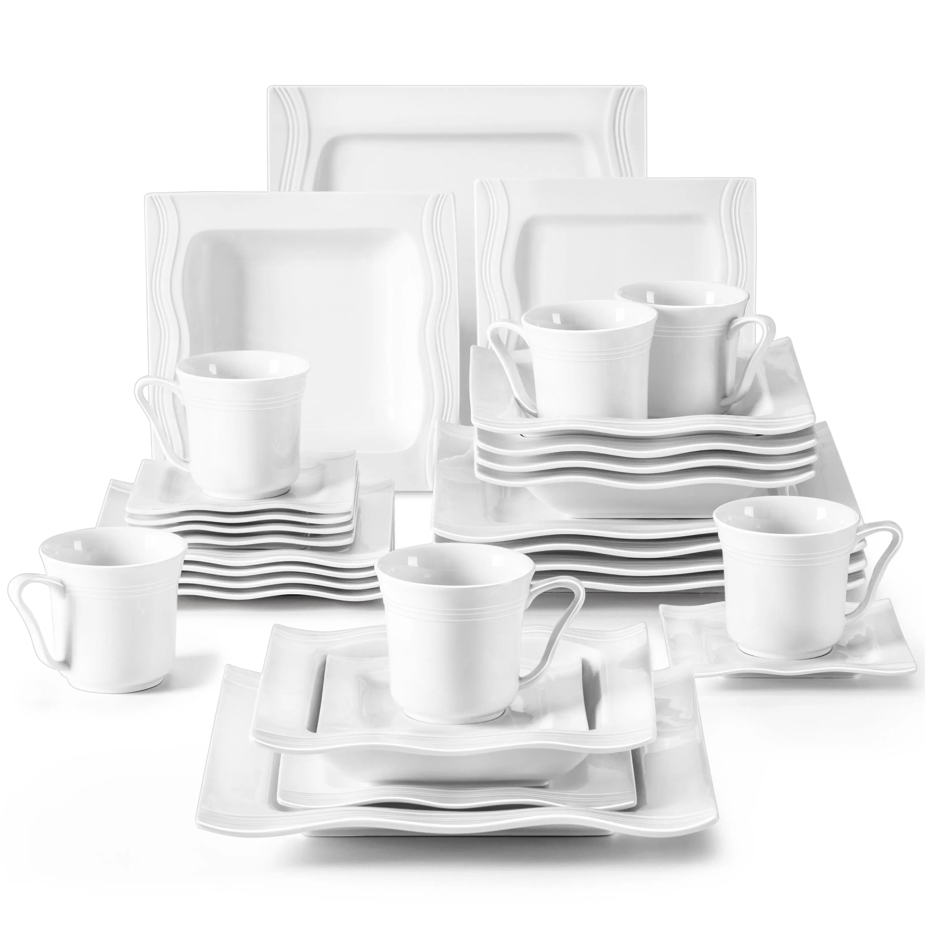 MALACASA 28/30 Pieces Ivory White Dinnerware Sets,  Porcelain Square Plates and Bowls Sets for 6, Ceramic Dishware Set, Series Mario modern design Winter Holiday summerwins
