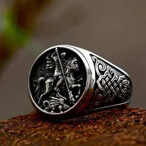 GTHIC Saint George and The Dragon Stainless Steel Ring for Men and Women Birthday Gift