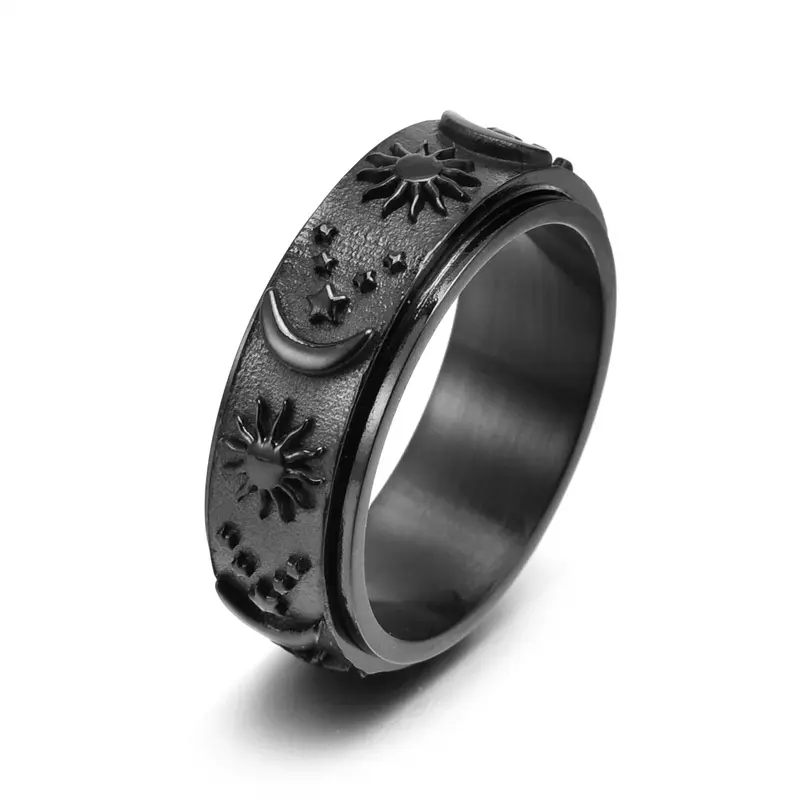 Unisex 8mm Steel Sun Moon & Star Casual Spinner Ring, Rotating Celestial Band, Multi-Color Interactive Artificial Gemstone Fashion Jewelry
