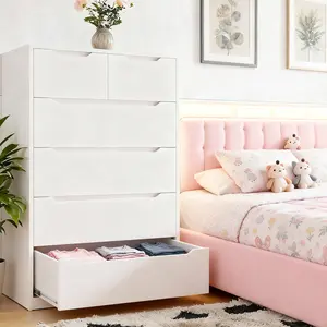 RaybeeFurniture White Wooden Dresser with 6 Deep Drawers, Large Capacity Chest of Drawers with Anti-Tip Kit, Embedded Handle Design, Durable, Affordable Modern Storage Cabinet, Space Saving Aesthetic Home Decor for Hallway, Living Room & Home Office