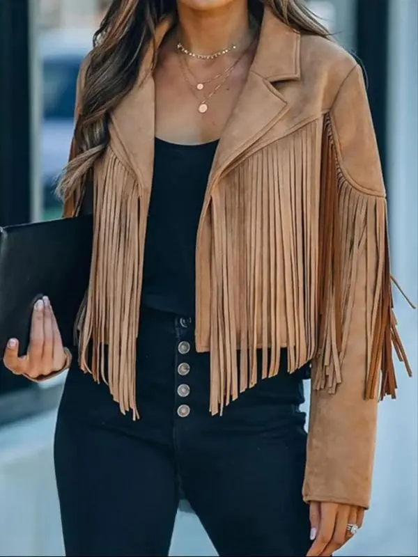 Women's Solid Color Fringe Trim PU Leather Jacket, Casual Long Sleeve Collared Outerwear for Spring & Fall, Ladies Clothes for Daily Wear