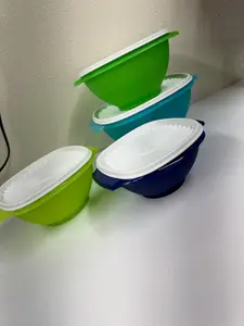 Tupperware Servalier Bowl Set - 3-Piece Nested Bowls with Lids in Green Blue and White for Versatile Food Storage Nostalgic Durable Design