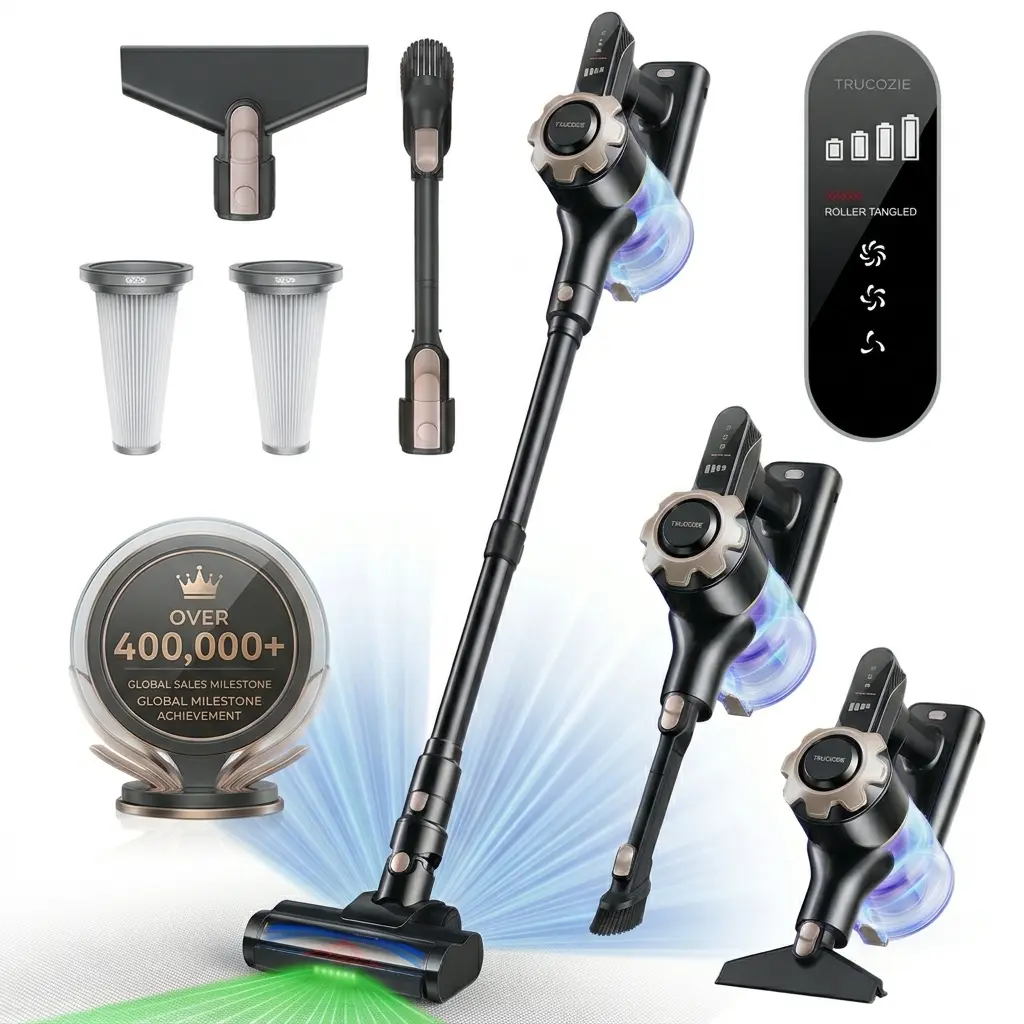 【2026 Newly Upgraded】Trucozie T350 Rechargeable Cordless Vacuums, 8-in-1 Lightweight Upright Floor Cleaning Vacuums with 2 Bonus HEPA Filters, 2-in-1 Brush, Hands-Free Design, 45-Min Runtime, 33 kPa Suction, Housewarming Gift for Hardwood Floors, Pet Hair