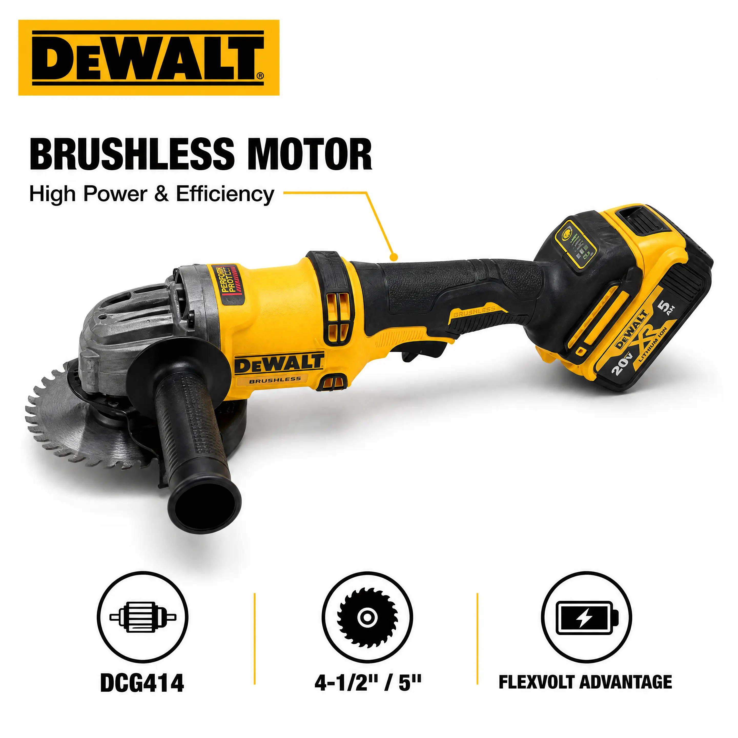 DEWALT DCG414 60V MAX FLEXVOLT 5 Inch Cordless Angle Grinder Kit with Battery for Heavy Metal Cutting, Brushless Power Tool Features 13A Corded Equivalent Power Designed for Smooth Steel Weld Grinding Work