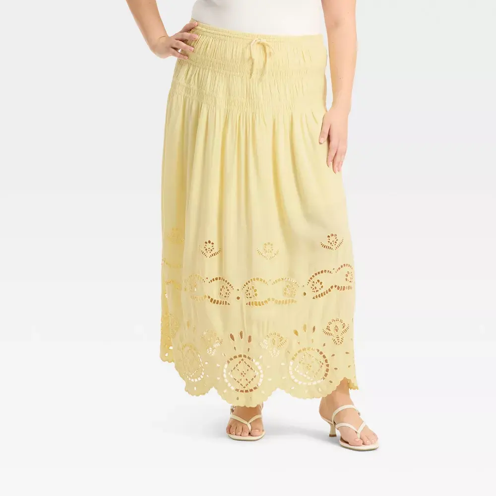 Women's High-Rise Embroidered Eyelet Casual Viscose Drop Waist A-Line Pantskirt - Adjustable Garment for Easy Matching, Future Collective
