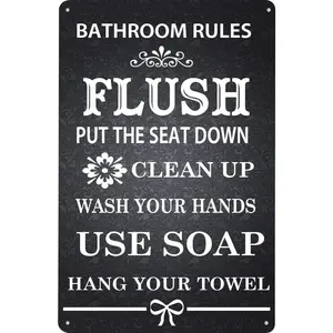 Funny Bathroom Quote Wooden Style Metal Tin Sign Wall Decor, Rustic Bathroom Rules Sign for Home Decor Gifts 8 x 12 inch