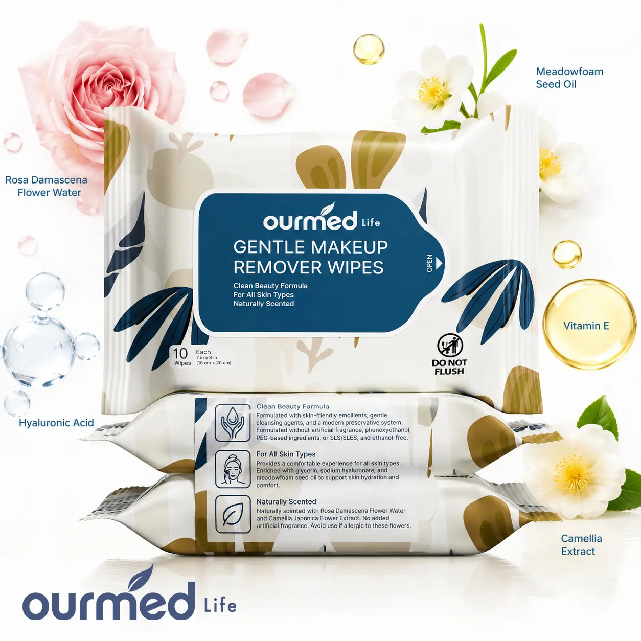 Ourmed Life Makeup Remover Wipes, Alcohol-Free Facial Cleansing Wipes Remove Waterproof Mascara, Biodegradable Plant-Based Wipes with Hyaluronic Acid & Vitamin E, Gentle for Sensitive Skin, 30/60 Count