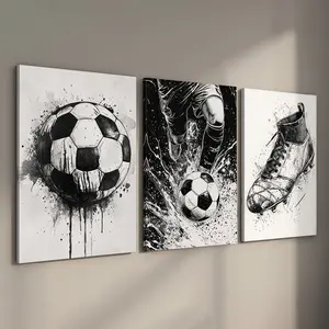 [Ready to Hang] 3pcs Soccer Stretched Canvas Wall Art, Black & White Sports Framed Prints, Gallery Wrapped Football Artwork for Gym & Kids Room, Cool Soccer Gifts for Athletes (Internal Wood Frame Included)