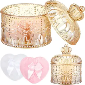 Tioncy 3 Pcs Large Body Powder Puff with Container, Soft Velour Washable Reusable Face Powder Puffs, Wet Dry Use, Makeup Crystal Case Gift for Women(Crown, Amber)