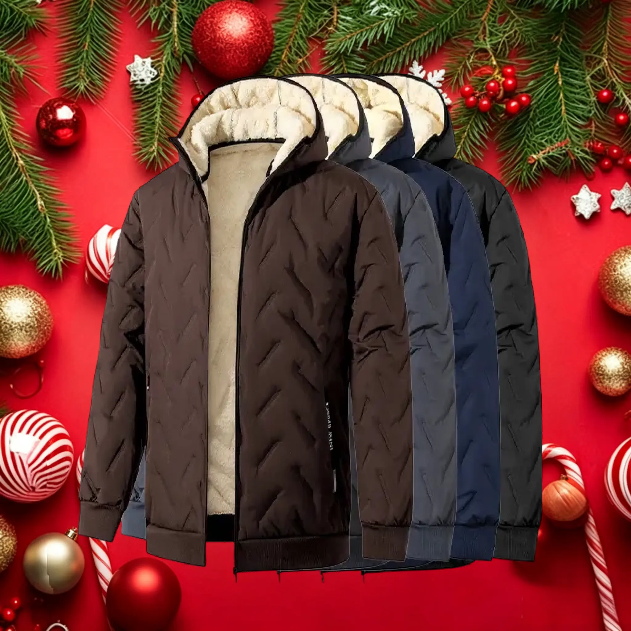 Men's Thick Ribbed Fleece-Lined Quilted Hooded Winter Down Jacket - Insulated Zip-Up Plain Fashion Top, Lightweight Jacket with Minimalist Design, Casual Fabric, Layering Support for Cold Outdoor Use