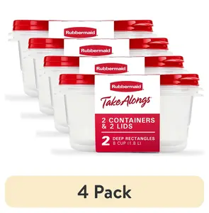 (4 pack) Rubbermaid TakeAlongs, 8 Cups, 2 Packs, Red, Plastic Deep Rectangle Food Storage Containers