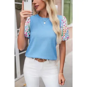 Floral Patchwork Bubble Sleeve Textured Blouse