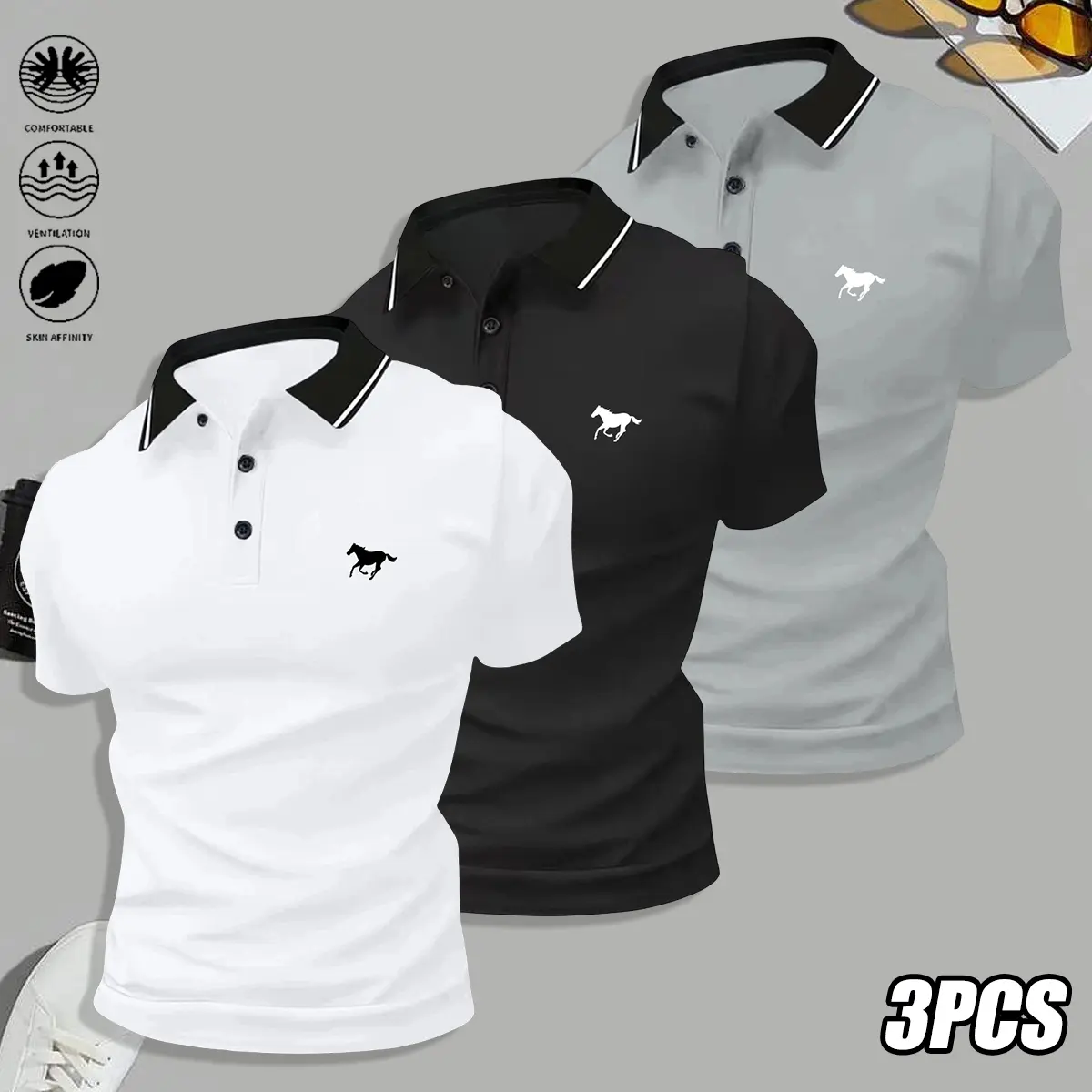 Men’s Casual Sporty Style 3-Piece Short-Sleeve Polo Shirt Set, Polyester Fabric, Outdoor-Ready, Ideal for Outdoor Sports & Golf, Summer Menswear