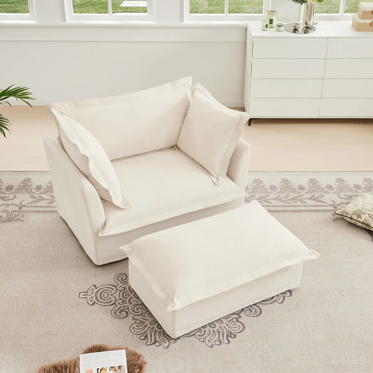 Modern Single Sofa Chair with Ottoman, 49" Slipcovered Armchair Oversized Upholstered Accent Chair, Comfy Cloud Deep Seat Sofa with 2 Throw Pillows for Living Room Apartment, Chenille Fabric