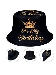 Birthday Party Crown Pattern Fisherman Hat, Foldable Sun Protection Cap, Dual-Sided Wear Design, All-Season Bucket Hat for Couples