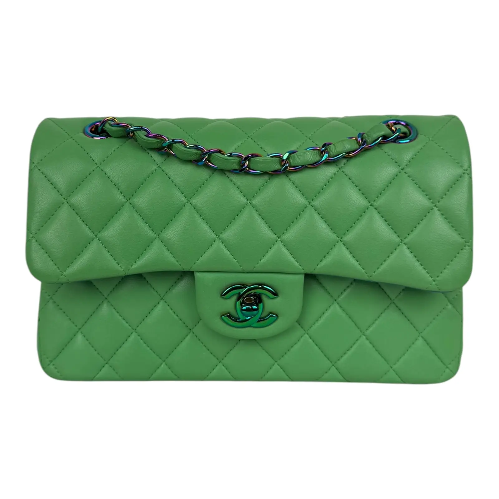 Pre-owned CHANEL Lambskin Crossbody Bags Green and Blue Quilted Classic Double Flap