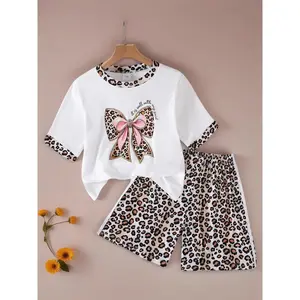 Girls' Leopard Print Set, Bowknot Printed Round Neck Short Sleeve Top, Elastic Waist Leopard Shorts, Casual Comfortable