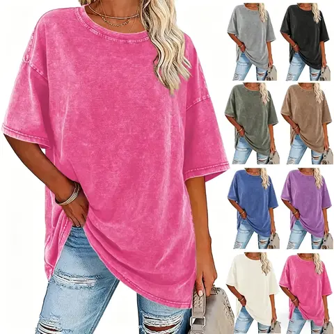 Women's 230g 100% Cotton Vintage Washed Solid Color Short-Sleeve T-Shirt - Casual Basic Women's Tops, Everyday Tops, Ideal Summervibes Gift for Daily Wear