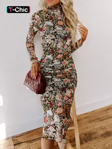 Women's Ditsy Floral Print Long Sleeve Bodycon Casual Chic Fitted Dress, Boho Dress, Elegant Fashion Casual Dress for Daily Outdoor Wear, Women Dress for All Seasons, Casual Fashion Dresses