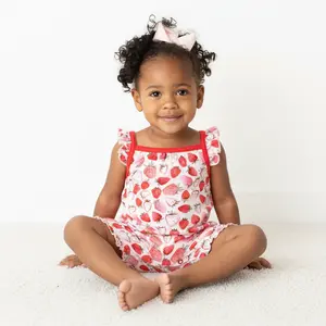 Bestaroo Strawberry Fields Bubble Romper – Soft Bamboo Baby Romper, Flutter Sleeves, Comfy, Breathable, Easy Diaper Change, All Sizes