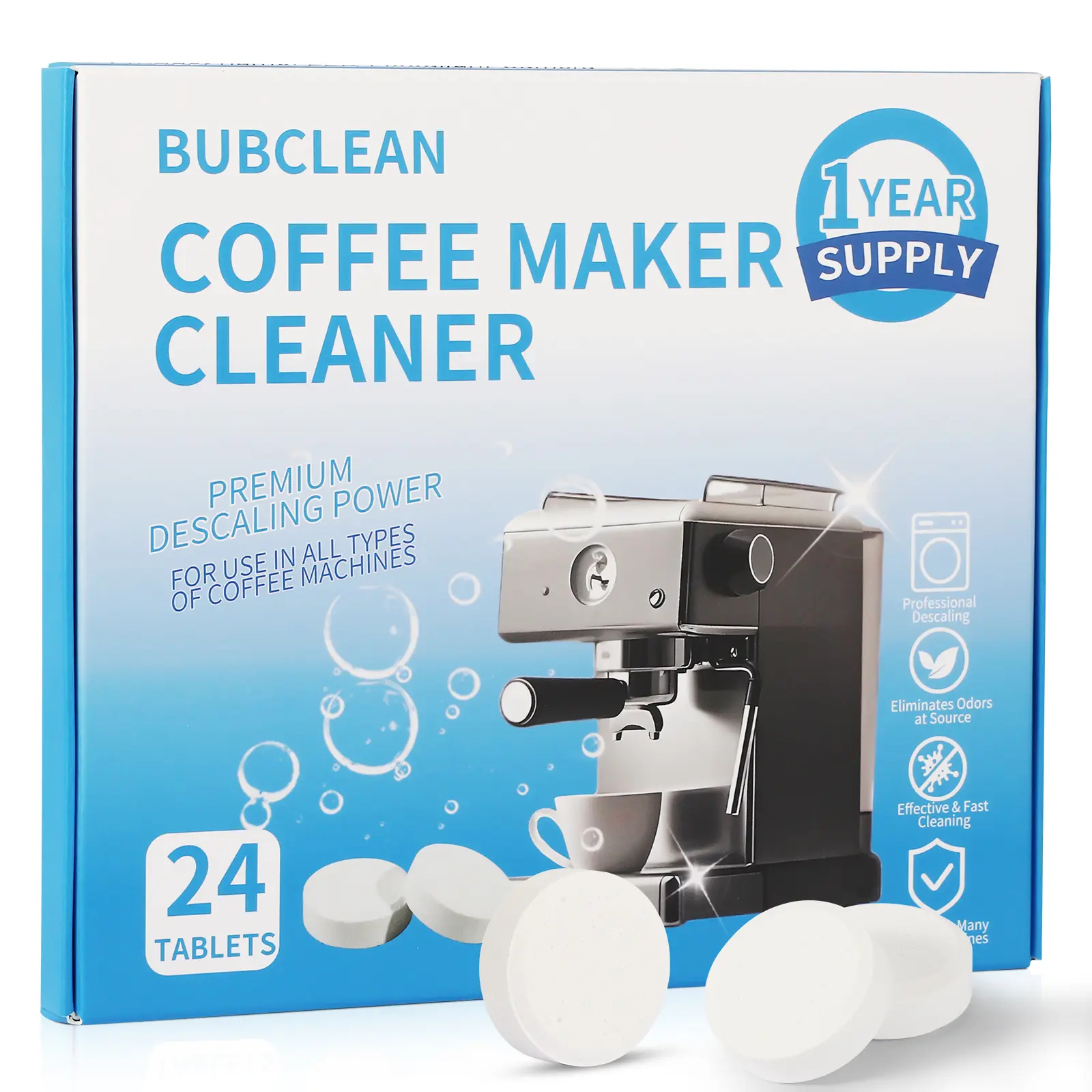 BUBCLEAN Coffee Descaler Tablets 24 Pack – Fragrance-Free, Removes Scale, Calcium & Limescale for Drip & Espresso Machines, 1-Year Supply, Restores Pure Taste & Protects Machine