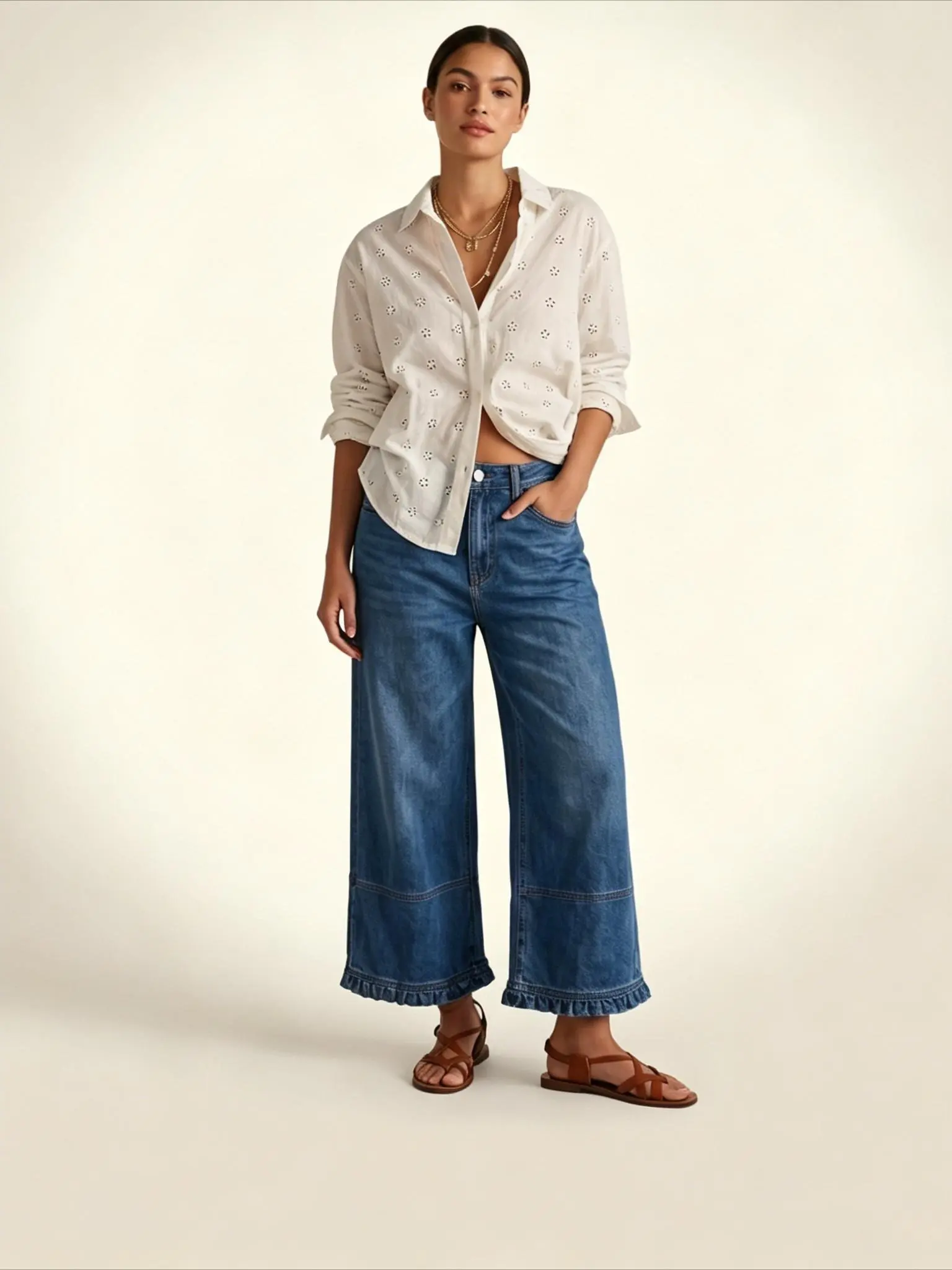 Women’s High Waisted Wide Leg Jeans, Cropped Ankle Length Denim Pants with Ruffle Hem, Relaxed Fit Casual Jeans with Pockets