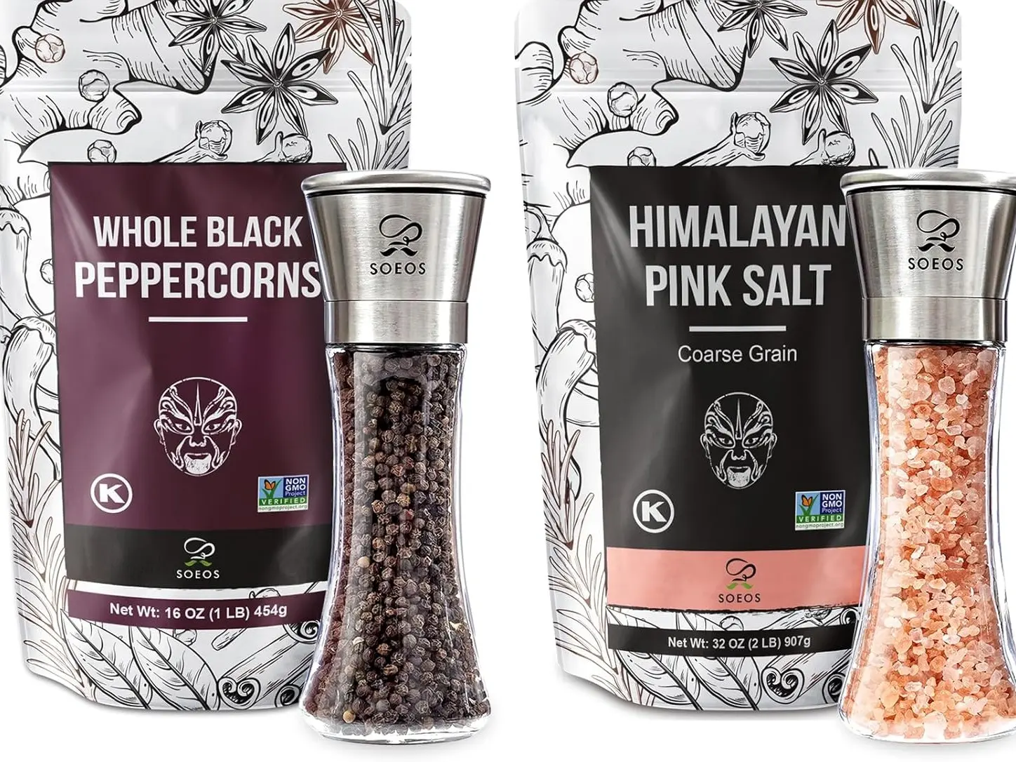Soeos Salt and Pepper Grinder Set (Pink Salt 2lb + Black Peppercorns 1lb + Grinder set), Stainless Steel Grinder, Non-GMO, Kosher Certified, Adjustable Coarseness, Salt and Pepper Shakers Set