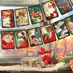 15pcs Vintage Christmas Banner, Hanging Decoration, Bunting Banner for Home & Office, Christmas Fireplace Garland for Winter Holiday Party Decoration, Festive Santa, Snowman & Reindeer Designs Decorative Cards, Party Decoration Supplies, Christmas Decor