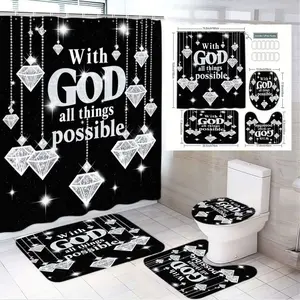 1/4pcs Black and White Faith-Based Bathroom Decor Set - "With GOD all things possible" Shower Curtain Sets with Sparkling Diamond Design, Matching Bath Mat, U-Shaped Toilet Floor Mat, Toilet Lid Cover for Modern Touch, Bathroom Decoration Accessories