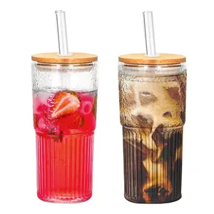 ONEHAUS 2 Packs 20oz Glass Tumblers Set With Lids and Glass Straws, Ice Coffee Cups, Cute Bottles, Mug for Juices and Soda, Drinkware, Holiday Gift, Water Bottle Bamboo Reusable