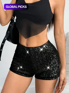 Women's Black Sequin Shorts, High-Waisted, Bodycon Slim Fit, Elastic Stretch, Sparkly Glittery, Sexy Club Party Disco Wear