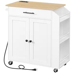 HOOBRO Kitchen Island on Wheels with Power Outlet, Rolling Kitchen Storage Cart with Spice Rack and Drawer for Home and Dining Room, White and Natural#springtok#SpringSale #BigSpringSale