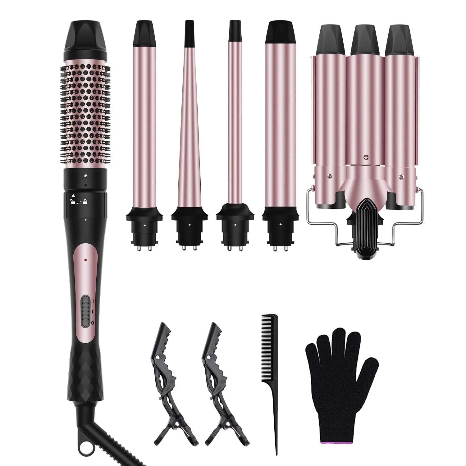 6 in 1 Wand Curling Iron Set, 3 Barrel Curling Wand Set with Thermal Brush (1.5") and 5 Interchangeable Ceramic Hair Wand Curler (0.35"-1.25"), Home Travel Multi Curl, 2 Temp 30S Instant Heat Up