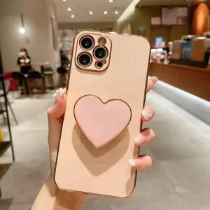 Electroplated Phone Case with Love Heart Design Bracket, Shockproof Phone Protective Cover, Phone Accessory Compatible with iPhone, Smartphone, Casing, Cellphone, Protection