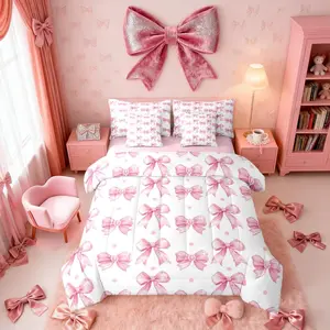 Feelyou 7-Piece Ultra Soft Bowknot Design Bedding Set - Pink Comforter Sets, Bowknot Bed Bag, Multi-Size Bedsheets for Kids' Girly Bedroom Decor, Bowknot Design Blanket