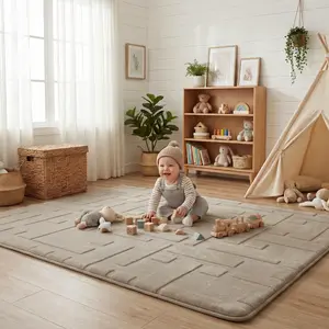 PaPaMat Baby Play Mat for Floor, 1.3" Thick Plush Classic Grid Faux Fur Jacquard Soft Foam Mats for Toddler Kids Crawling, Non-Slip Easy Care Nursery Rug for Playroom Living Room