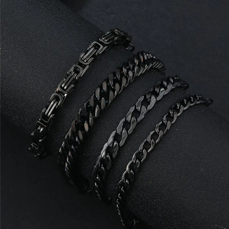 4pcs/set Fashion Stainless Steel Bracelet Set, Simple Unisex Black Hip Hop Chain Accessories, For Men And Daily Wear And Gift