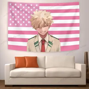 Anime My Hero Academias Bakugou Katsuki American Flag Tapestry Dormitory Bedhead Background Cloth Aesthetic Room Home Decor Gift Cotton Decorative Light Linen Wall Decoration White