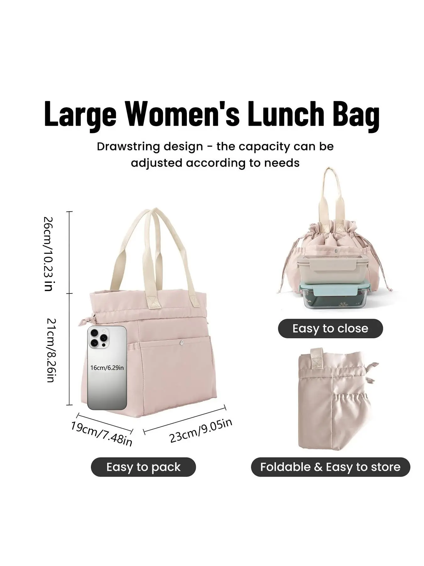 Fashion niche drawstring pleated design portable Durable Insulated Reusable Lunch Bag, casual everyday Joker daily travel handbag, classic trend Joker black and white two-color optional, suitable for office workers, picnics and camping
