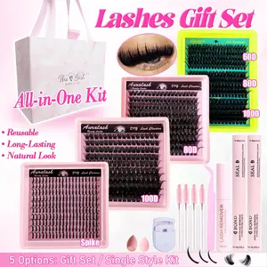 All-in-One Eyelash Extension Kit, 60D 80D 100D & Spiky Lashes Set with Glue x2, Tweezers, Curler, Brush & Remover, Soft Lightweight Fluffy Eyelash Clusters for DIY Lash Look, Suitable for Beginners and Professionals, Natural to Dramatic Eye Makeup