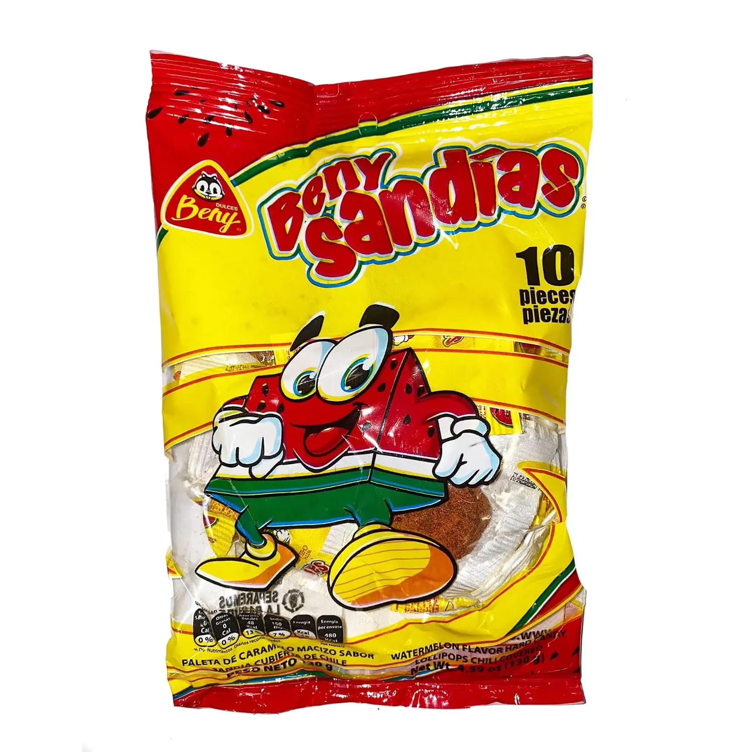 Beny Sandias Watermelon Hard Candy Lollipop Chili Coated 10ct 4.59oz Bag