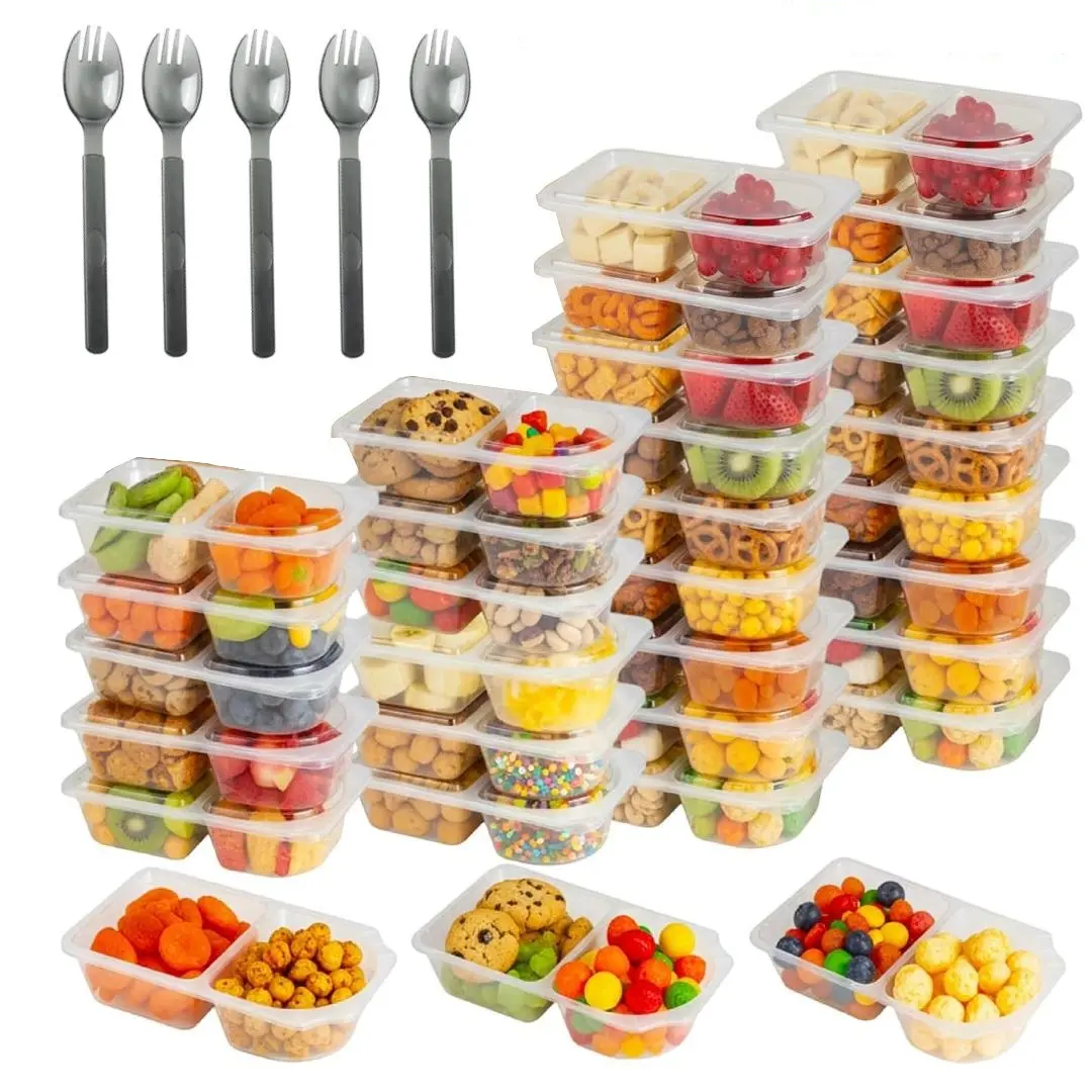 30 Pack 2 Compartment Clear Plastic Food Containers with Lids & Sporks, Divided Snack Boxes, Leakproof Reusable Snack Containers for Office, Travel & Healthy Portion Control – Portable Food Storage for On the Go