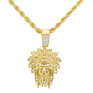 Native American Indian Chief Cubic Zirconia Pendant & 24" Rope Chain Necklace Jewelry