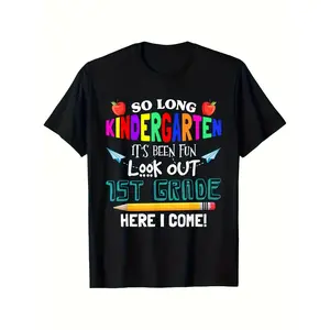 ' Kindergarten Graduation T-Shirt - 1st Grade Ready Outfit with Number 1 Pencil & Diploma Print, Short Sleeve Round Neck Casual Top for to Elementary Transition, Machine Washable Clothing