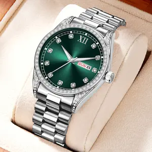 Men's Watch Luxury Diamond Green Dial Business Wristwatch, Waterproof Date Week Quartz Watch for Men, Fashion Stainless Steel Male Watches